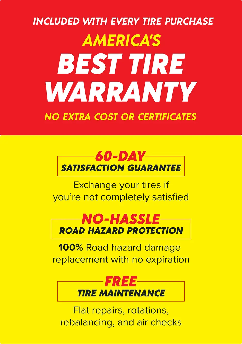 Included with every tire purchase. America's Best Tire Warranty: No extra cost or certificates. 60-Day Satisfaction Guarantee, No-Hassle Road Hazard Protection, Free Tire Maintenance.
