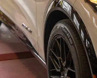 View of tires on a car lift